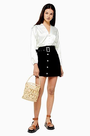 Topshop Button Down Belted Denim Skirt