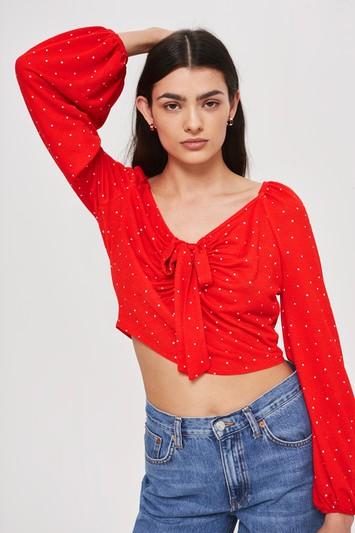 Topshop Polka Dot Tie Front T-shirt