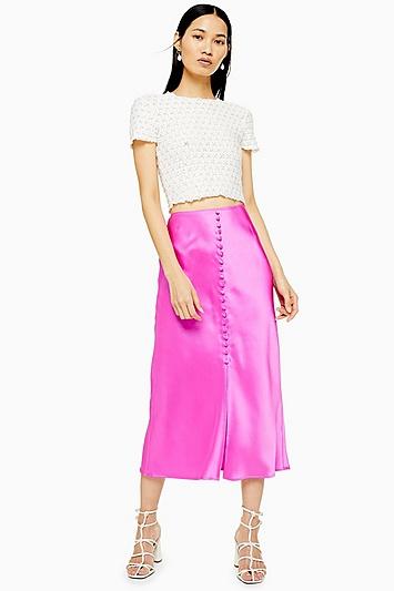 Topshop Pink Button Through Satin Bias Skirt