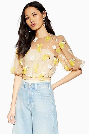 Topshop Fruit Floral Mesh Top