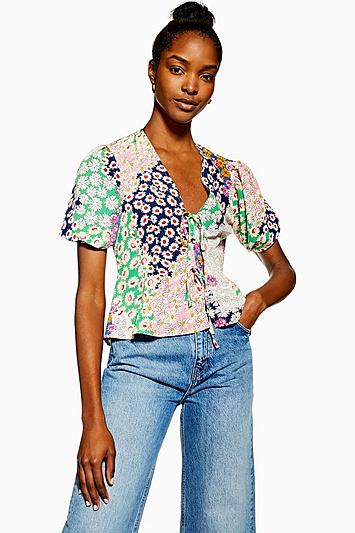 Topshop Mixed Floral Double Tie Top