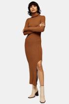Topshop Camel Knitted Roll Neck Dress