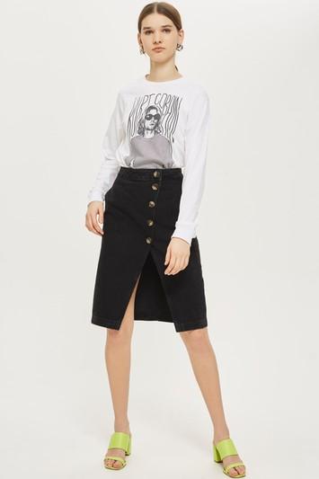 Topshop Horn Button Midi Denim Skirt