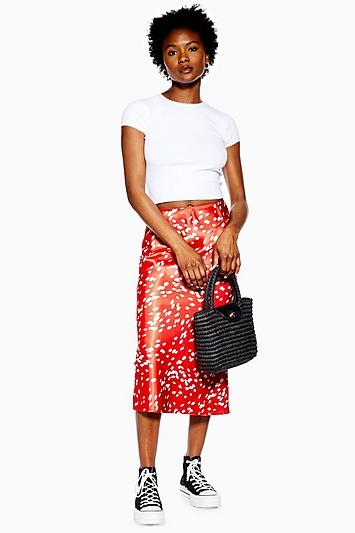 Topshop Petite Red Dalmatian Bias Satin Midi Skirt