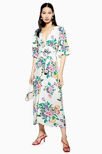 Topshop Tall White Floral Print Plunge Midi Dress