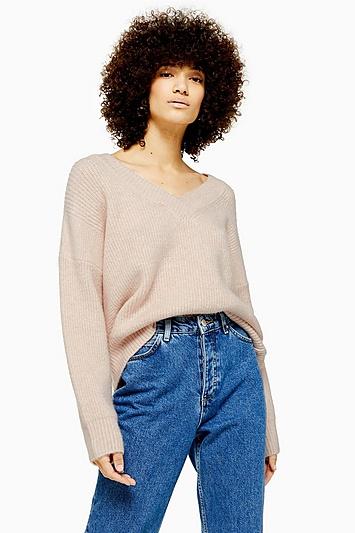 Topshop Pink Knitted Super Soft V Neck Jumper