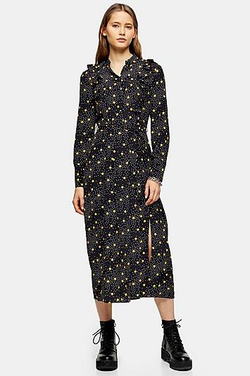 Topshop Black And Mustard Spot Print Ruffle Shirt Dress