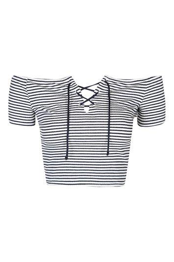 Topshop Petite Stripe Tie Bardot Crop
