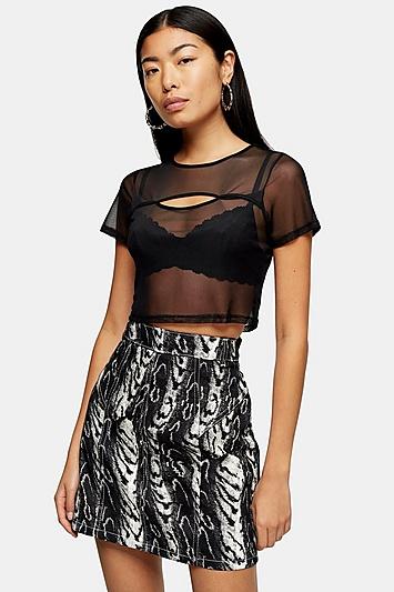 Topshop Short Sleeve Mesh Cut Out Top