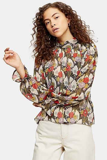 Topshop Petite Idol Floral Print Gather Neck Blouse