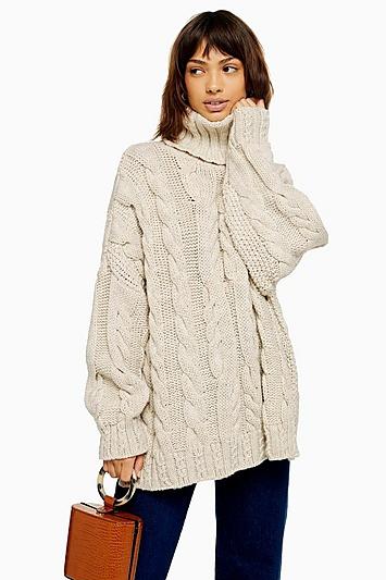 Topshop Oatmeal Chunky Knitted Cable Roll Neck Jumper