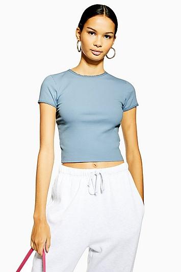 Topshop Blue Picot Trim T-shirt