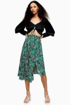Topshop Petite Green Painted Spot Pleat Midi Skirt