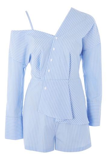 Topshop Petite Stripe Poplin Bardot Playsuit