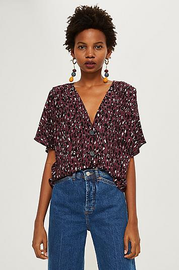 Topshop Animal Print Pleat Sleeve Blouse