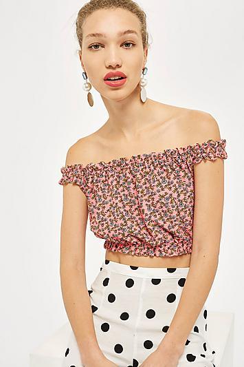 Topshop Strappy Floral Print Bardot Top