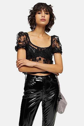 Topshop Embroidered Daisy Puff Sleeve Top