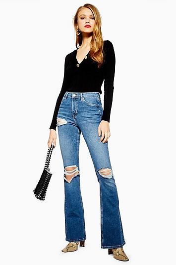 Topshop Mid Blue Wing Rip Jamie Flare Jeans