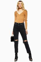 Topshop Petite Washed Black Double Rip Straight Jeans