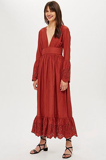 Topshop Embroidered Plunge Midi Dot Dress