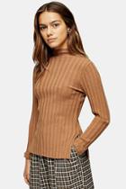 Topshop Petite Camel Knitted Marl Funnel Neck Top