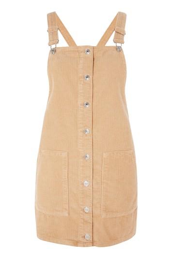 Topshop Petite Sand Cord Button Pinafore Dress