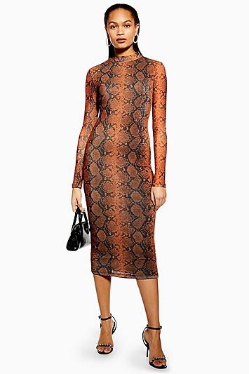 Topshop Tall Snake Print Funnel Neck Midi Bodycon Dress
