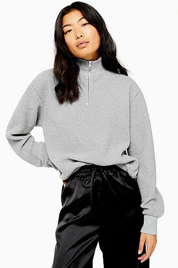 Topshop Grey Borg Zip Funnel Sweatshirt