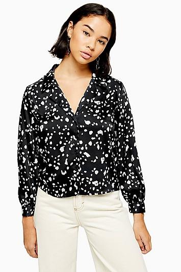 Topshop Petite Black And White Dalmatian Print Revere Shirt
