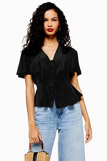 Topshop Black Ruffle Tie Front Blouse