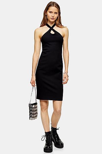 Topshop Black Cross Halter Neck Bodycon Midi Dress