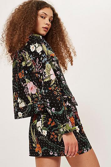 Topshop Floral Crystal Denim Jacket
