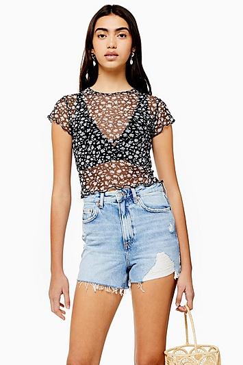 Topshop Ditsy Lettuce Mesh Top