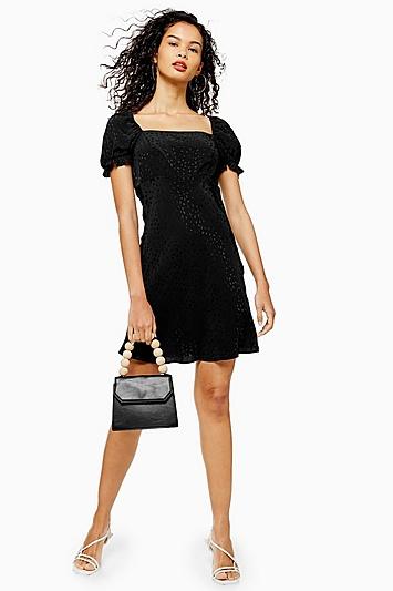 Topshop Black Jacquard Mini Square Neck Tea Dress