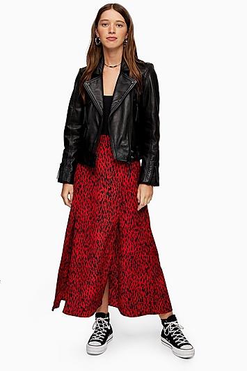 Topshop Tall Red Spot Double Split Midi Skirt