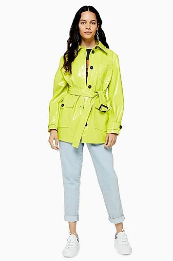 Topshop Chicago Neon Lime Belted Vinyl Coat