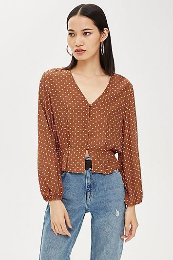 Topshop Petite Polka Dot Button Blouse