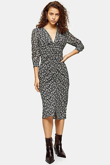 Topshop Petite Idol Mix Fabric V Neck Ruched Midi Dress