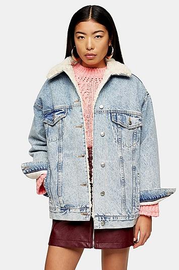 Topshop Bleach Super Oversized Borg Lined Denim Jacket