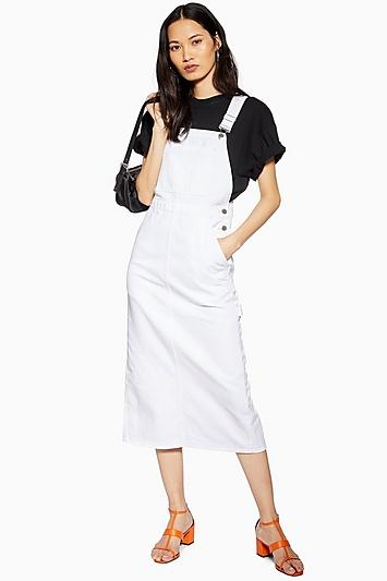 Topshop White Denim Midi Pinafore Dress