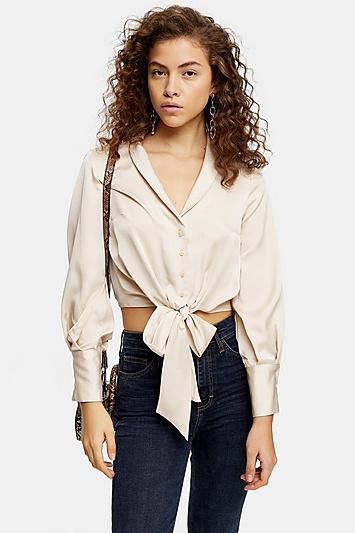 Topshop Petite Satin Knot Front Blouse