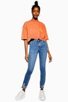 Topshop Petite Mid Blue Rip Hem Jamie Jeans