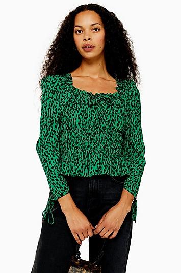 Topshop Petite Vancouver Leopard Ruched Prairie Blouse