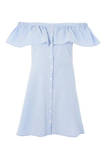 Topshop Petite Spot Dobby Button Bardot Dress
