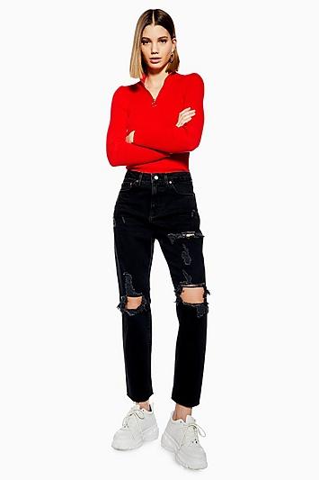 Topshop Petite Washed Black Rip Straight Jeans