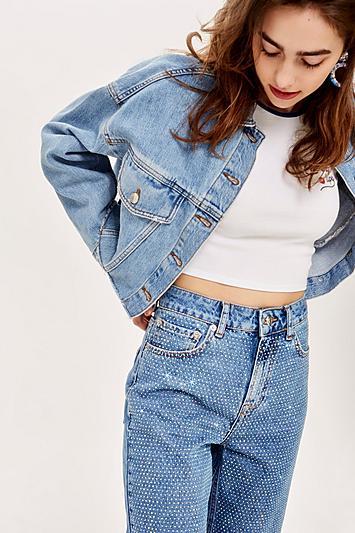 Topshop Bleach Diamante Cropped Jeans