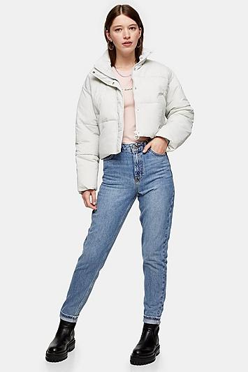 Topshop Mid Blue Raw Waistband Mom Jeans