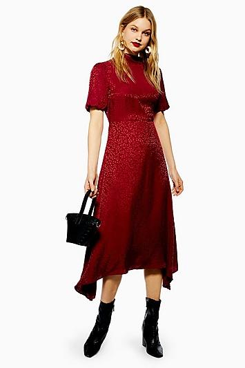 Topshop Burgundy Jacquard Hanky Hem Dress