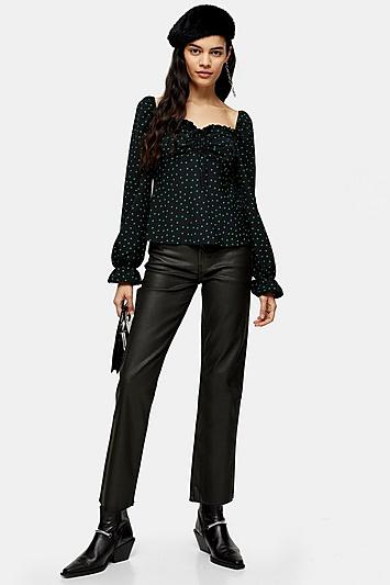 Topshop Black Coated Raw Hem Straight Jeans