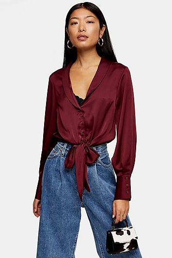 Topshop Tall Burgundy Satin Knot Front Shirt